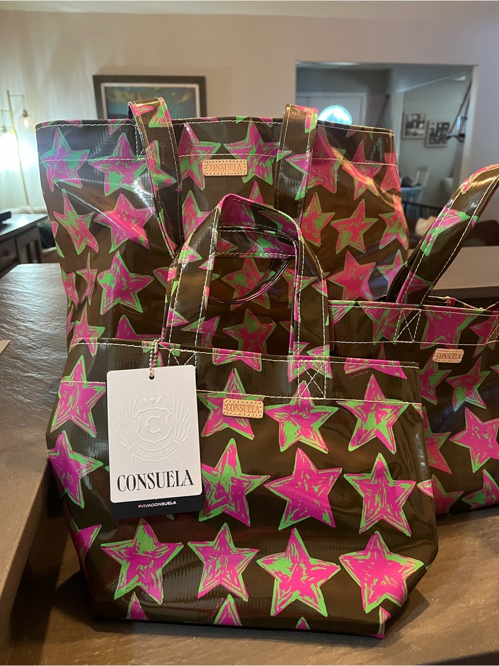 Consuela Green Background Tote with Pink Star Print - Picture 2 of 6